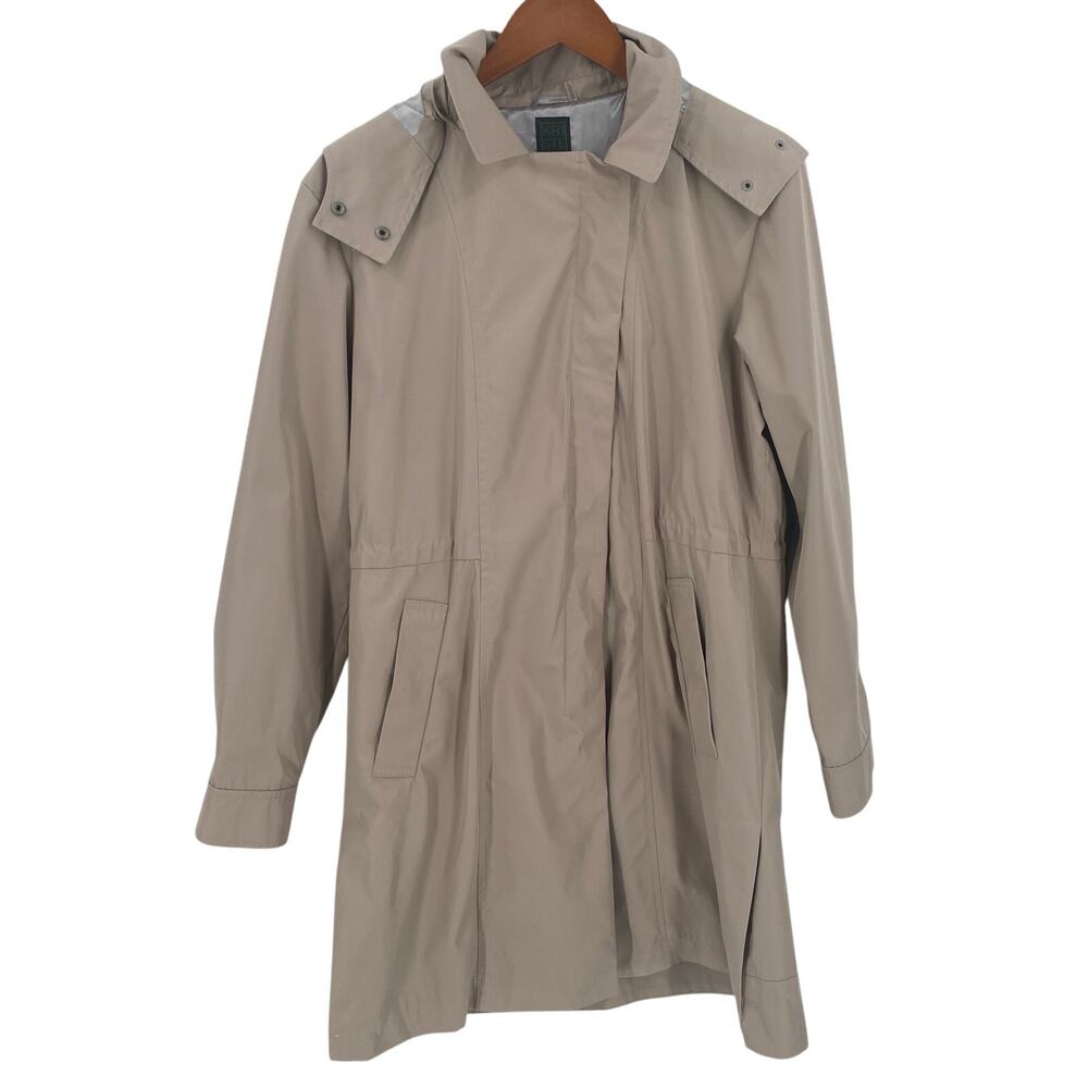 Kristen Blake tan trench coat womens size large hood, pockets, adjustable waist